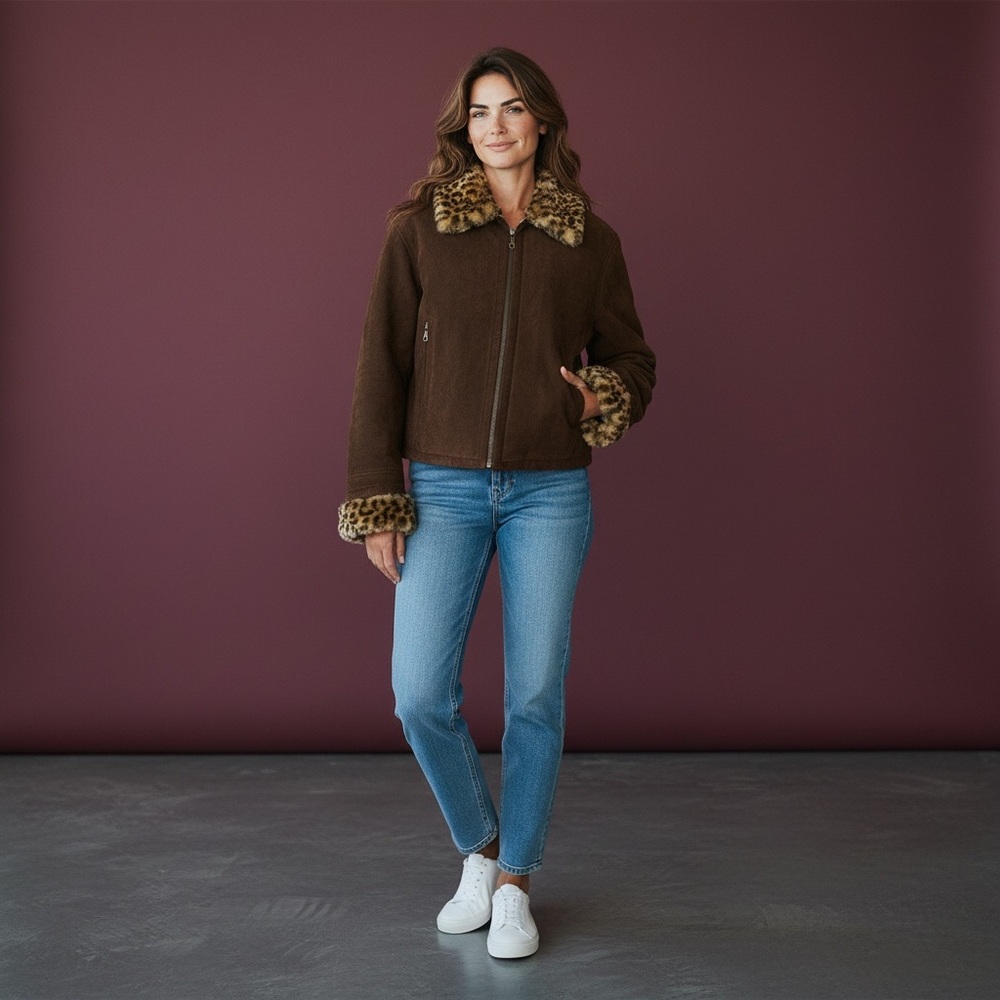 Vintage J. Percy for Marvin Richards Brown Suede Leopard Faux Fur Bomber Jacket